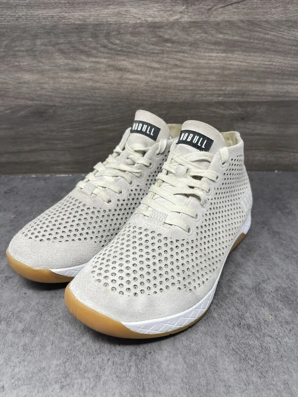 Nobull Mid Trainer Sneakers Womens Size 9 Neutral Beige Suede Gum Crossfit Lift